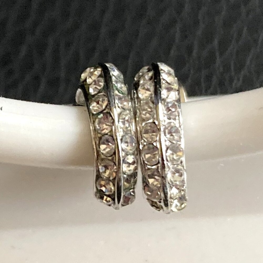 Petite Silver Plated & Rhinestone Hoop Post Earrings